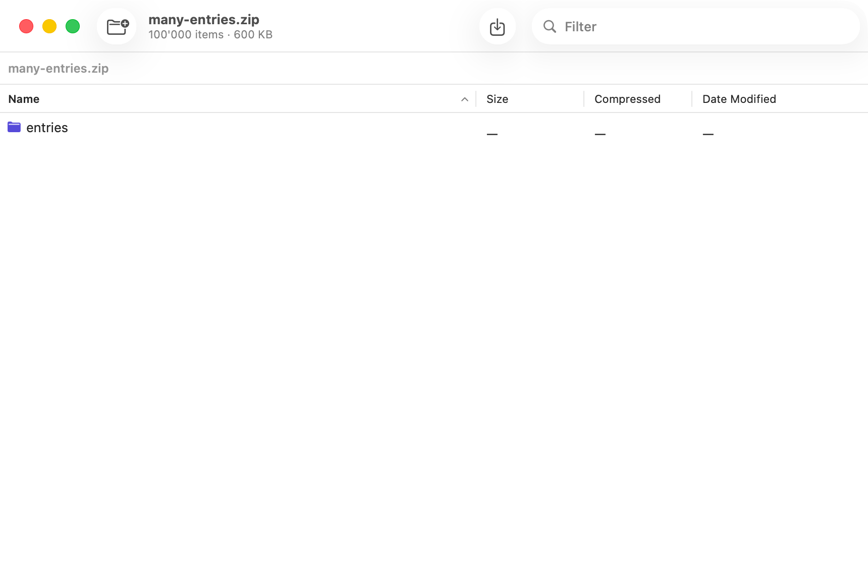 Kutio window for many-entries.zip, titled with 100’000 items and 600 KB, with a Filter field and the columns Name, Size, Compressed and Date Modified.