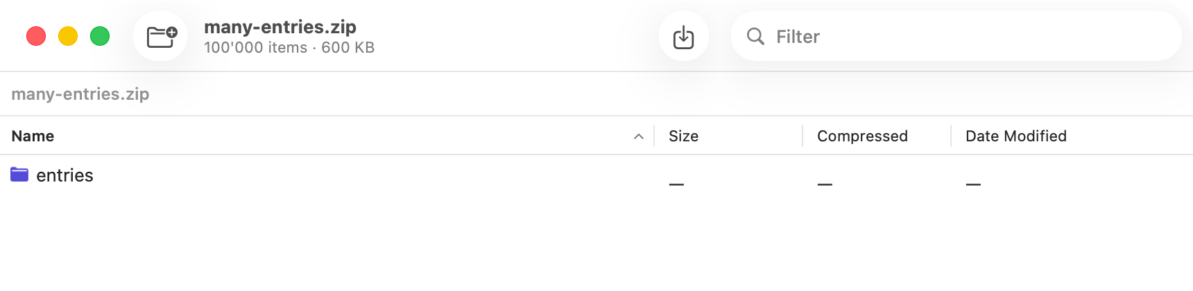 Der Kutio-Browser öffnet ein Archiv mit 100’000 Einträgen, dargestellt als ein einziger Ordner.