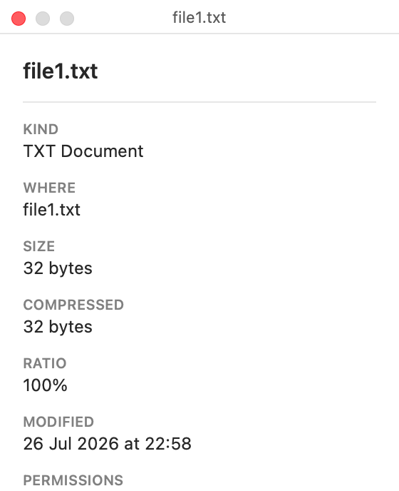 Der Informationsbereich zu file1.txt: Art, Grösse, komprimierte Grösse, Verhältnis, Änderungsdatum und Berechtigungen.