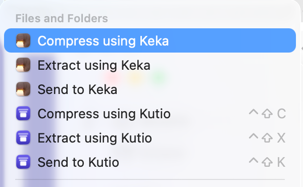 The Files and Folders section of Finder’s Services menu with three Kutio entries: Compress using Kutio, Extract using Kutio and Send to Kutio, each with a keyboard shortcut.