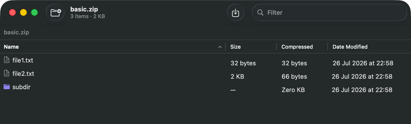Der Kutio-Browser listet den Inhalt von basic.zip wie ein Finder-Fenster.