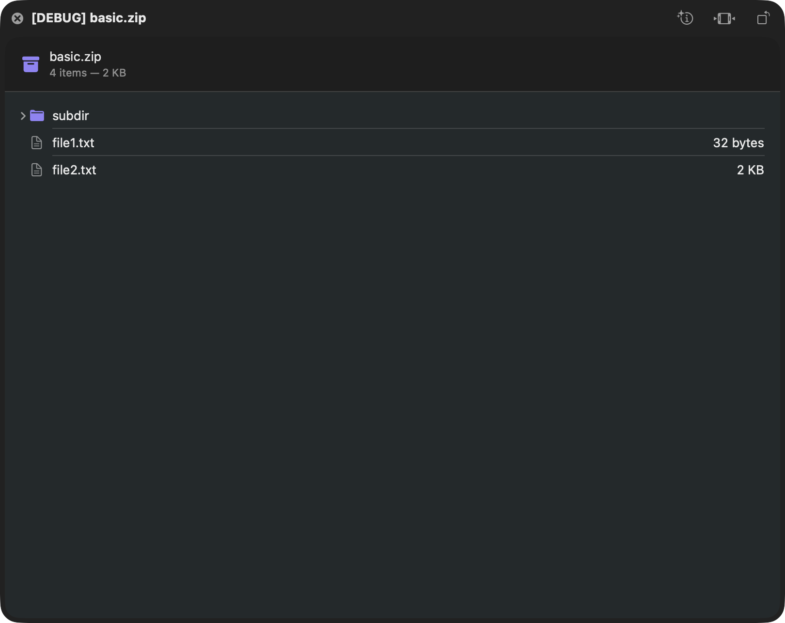 A Quick Look panel for basic.zip showing 4 items and 2 KB, with a subdir folder and two text files.
