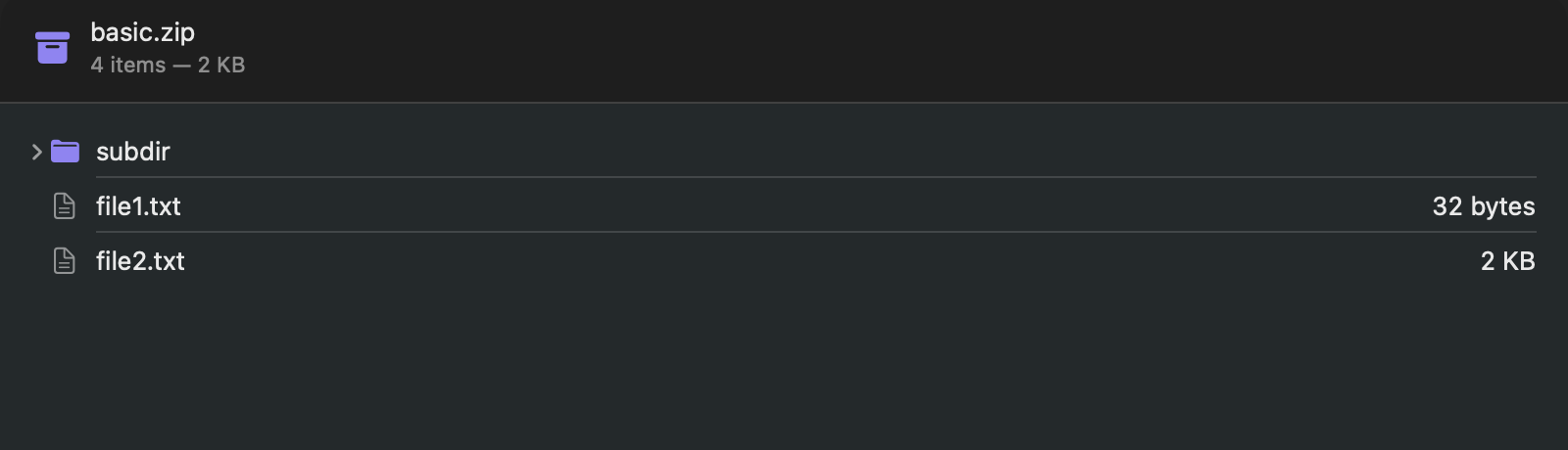 Das Quick-Look-Fenster des Finders listet den Inhalt von basic.zip: einen Unterordner und zwei Textdateien.