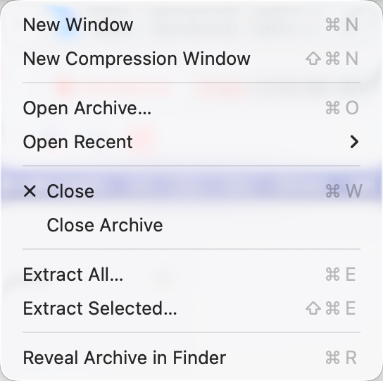 Das Datei-Menü von Kutio mit «Open Archive», «Extract All» und «Extract Selected», jeweils mit Tastenkürzel.